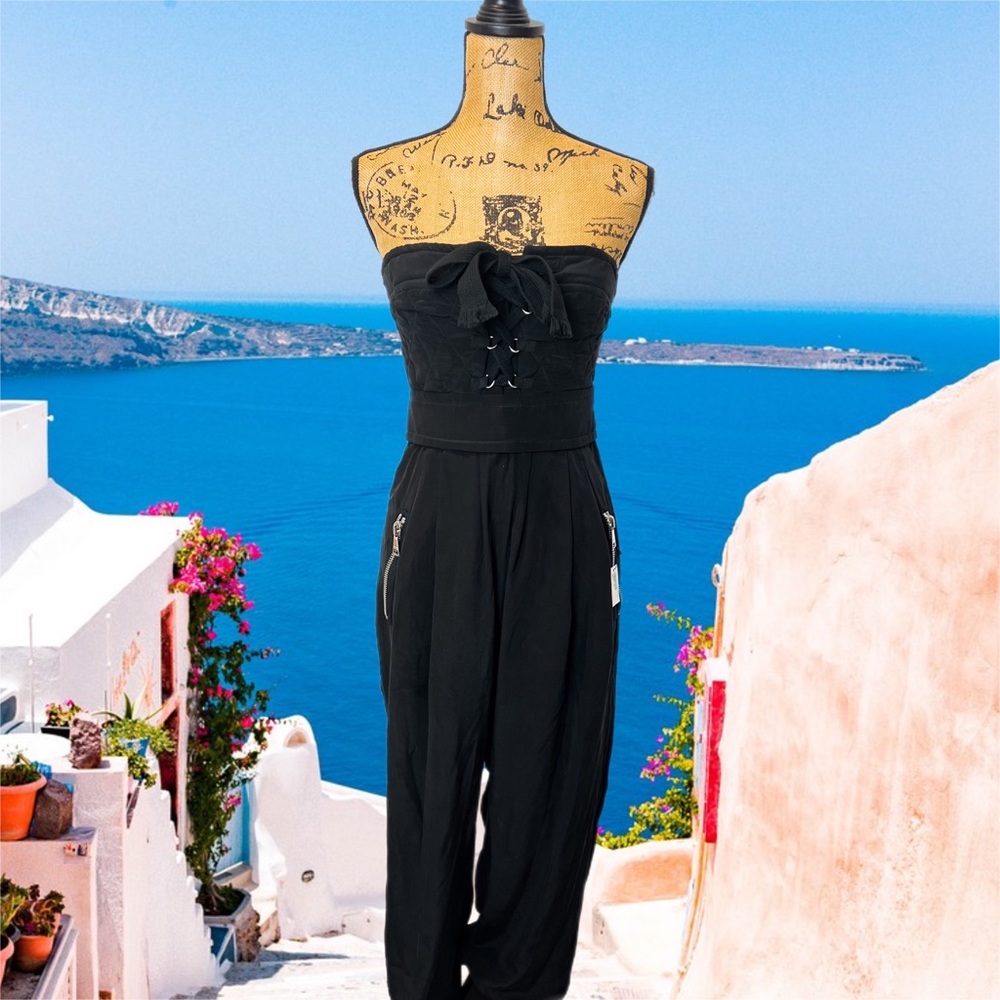 SONIA RYKIEL 100% SILK black strapless jumpsuit quilted bustier 36